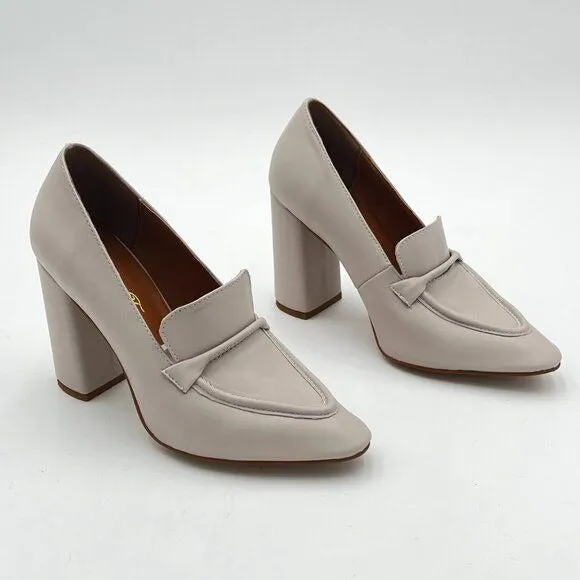 FOWT Grey Rolled Single Belt Loafers Pointed Toe High Chunky Heel Pumps