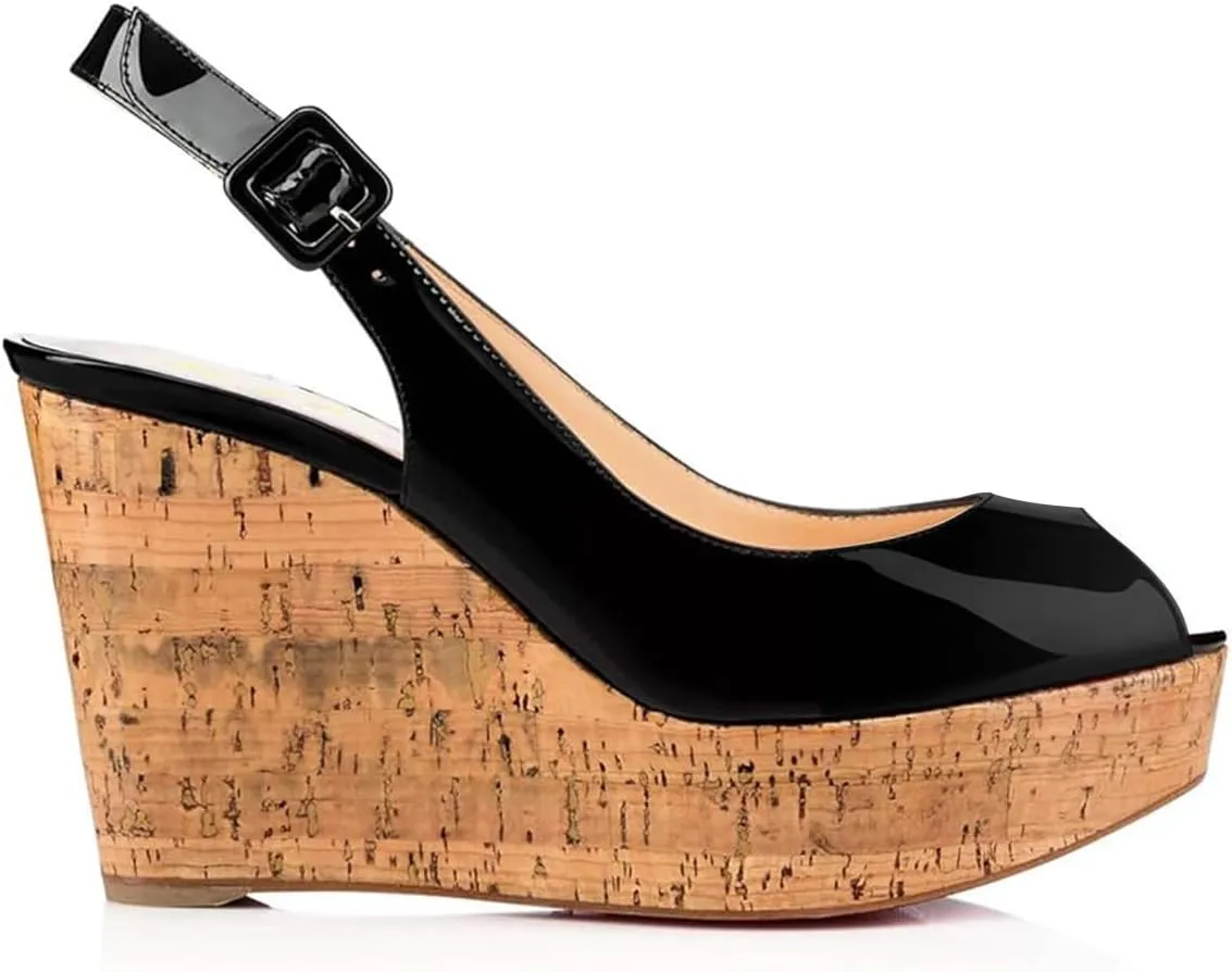 FOWT Summer Fashion Burnished Patent Leather Platform Black Wedges for Women Comfort Peep Open Toe 4 inch Heels Chic Slingback Heeled Sandals Dress Casual Shoes, US Size 4-16 M