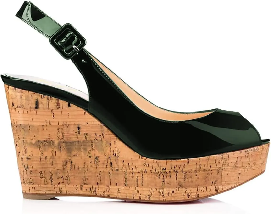 FOWT Summer Fashion Burnished Patent Leather Platform Black Wedges for Women Comfort Peep Open Toe 4 inch Heels Chic Slingback Heeled Sandals Dress Casual Shoes, US Size 4-16 M