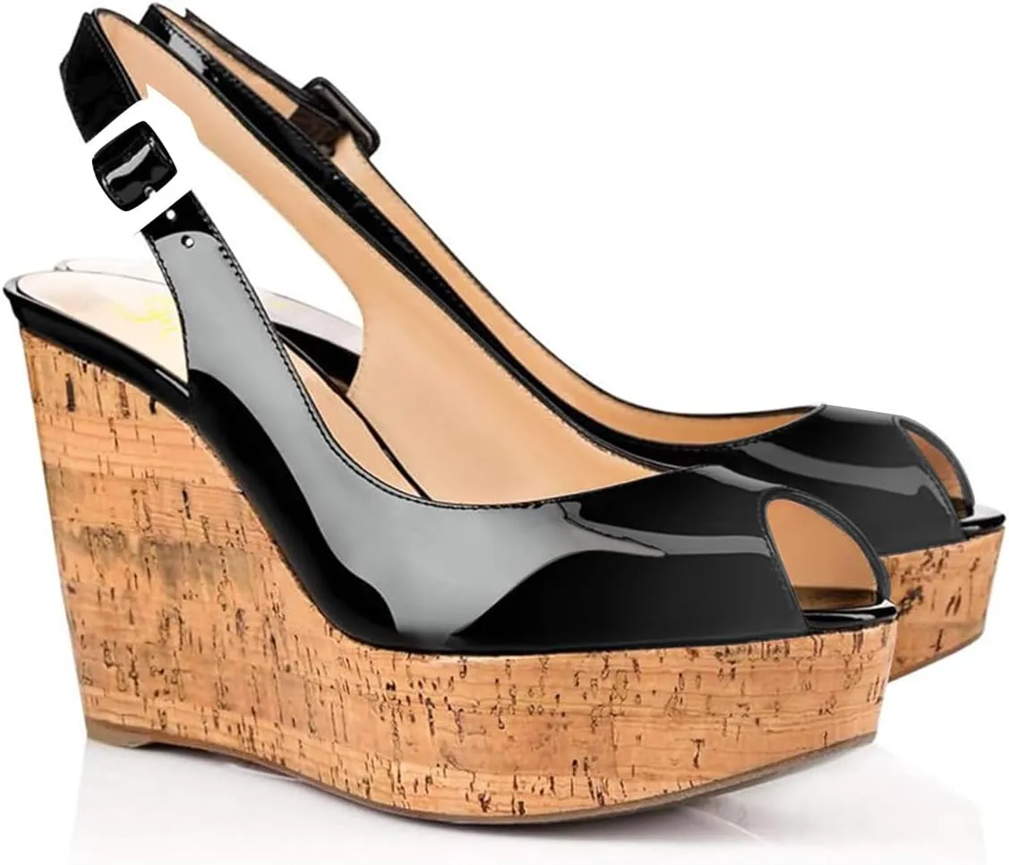 FOWT Summer Fashion Burnished Patent Leather Platform Black Wedges for Women Comfort Peep Open Toe 4 inch Heels Chic Slingback Heeled Sandals Dress Casual Shoes, US Size 4-16 M