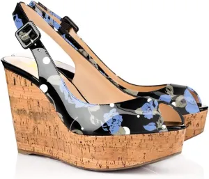 FOWT Summer Fashion Burnished Patent Leather Platform Black Wedges for Women Comfort Peep Open Toe 4 inch Heels Chic Slingback Heeled Sandals Dress Casual Shoes, US Size 4-16 M
