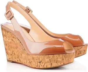 FOWT Summer Fashion Burnished Patent Leather Platform Black Wedges for Women Comfort Peep Open Toe 4 inch Heels Chic Slingback Heeled Sandals Dress Casual Shoes, US Size 4-16 M