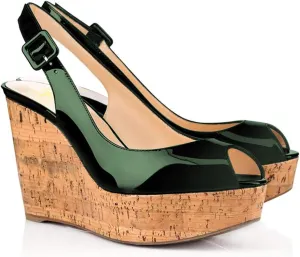 FOWT Summer Fashion Burnished Patent Leather Platform Black Wedges for Women Comfort Peep Open Toe 4 inch Heels Chic Slingback Heeled Sandals Dress Casual Shoes, US Size 4-16 M