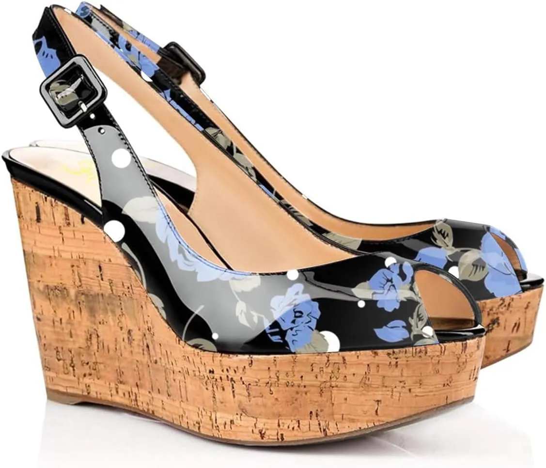 FOWT Summer Fashion Burnished Patent Leather Platform Black Wedges for Women Comfort Peep Open Toe 4 inch Heels Chic Slingback Heeled Sandals Dress Casual Shoes, US Size 4-16 M