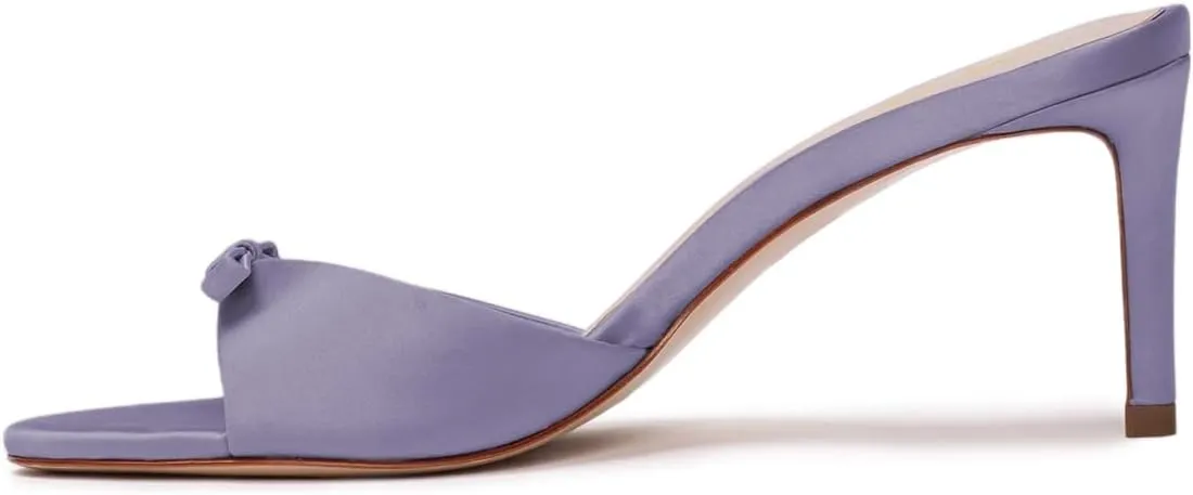FOWT Women Bow Open Toe Comfy Thin Mid Heel Satin Mules Slip on Ladies Summer Daily Casual Slide Sandals Size 4-16 US