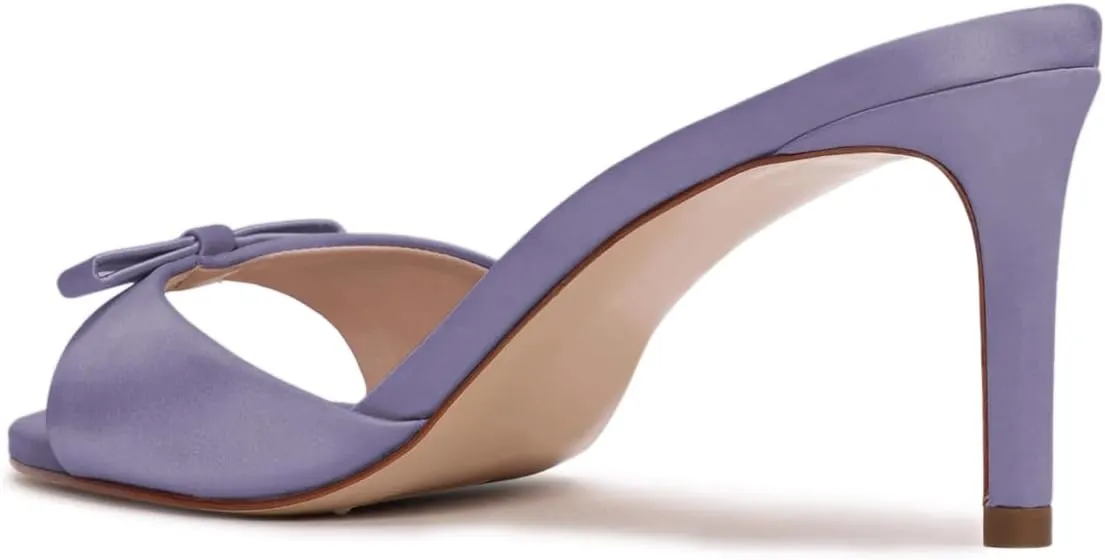 FOWT Women Bow Open Toe Comfy Thin Mid Heel Satin Mules Slip on Ladies Summer Daily Casual Slide Sandals Size 4-16 US