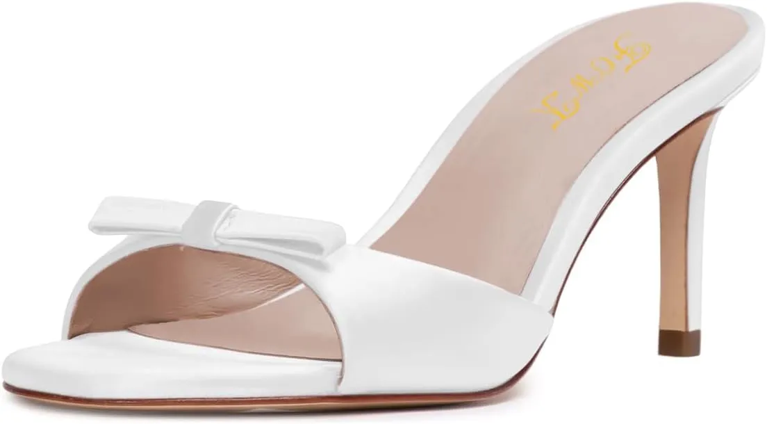 FOWT Women Bow Open Toe Comfy Thin Mid Heel Satin Mules Slip on Ladies Summer Daily Casual Slide Sandals Size 4-16 US