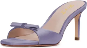 FOWT Women Bow Open Toe Comfy Thin Mid Heel Satin Mules Slip on Ladies Summer Daily Casual Slide Sandals Size 4-16 US