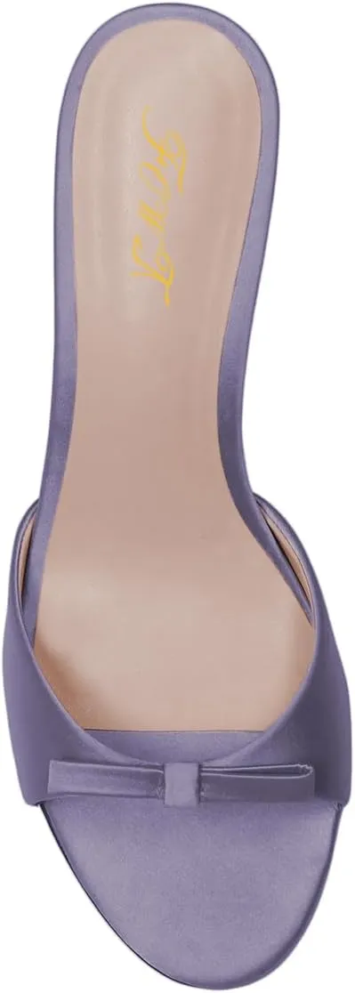 FOWT Women Bow Open Toe Comfy Thin Mid Heel Satin Mules Slip on Ladies Summer Daily Casual Slide Sandals Size 4-16 US