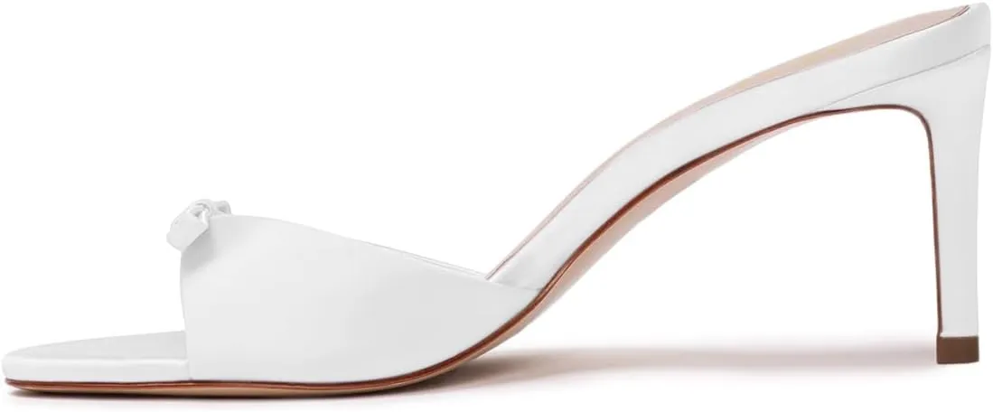 FOWT Women Bow Open Toe Comfy Thin Mid Heel Satin Mules Slip on Ladies Summer Daily Casual Slide Sandals Size 4-16 US