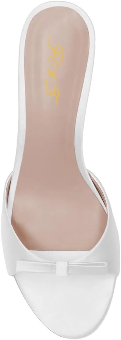 FOWT Women Bow Open Toe Comfy Thin Mid Heel Satin Mules Slip on Ladies Summer Daily Casual Slide Sandals Size 4-16 US