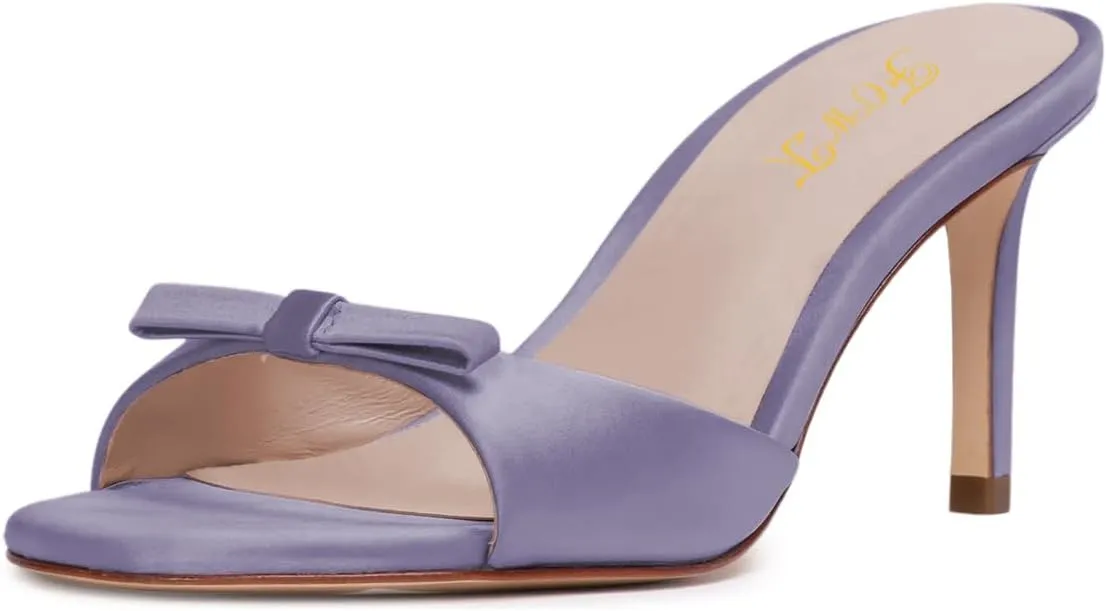 FOWT Women Bow Open Toe Comfy Thin Mid Heel Satin Mules Slip on Ladies Summer Daily Casual Slide Sandals Size 4-16 US