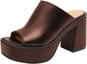 FOWT Women Open Toe Block High Heel Platform Mules Slip On Fashion Party Evening Dressy Slipper Shoes Size 4-16 US