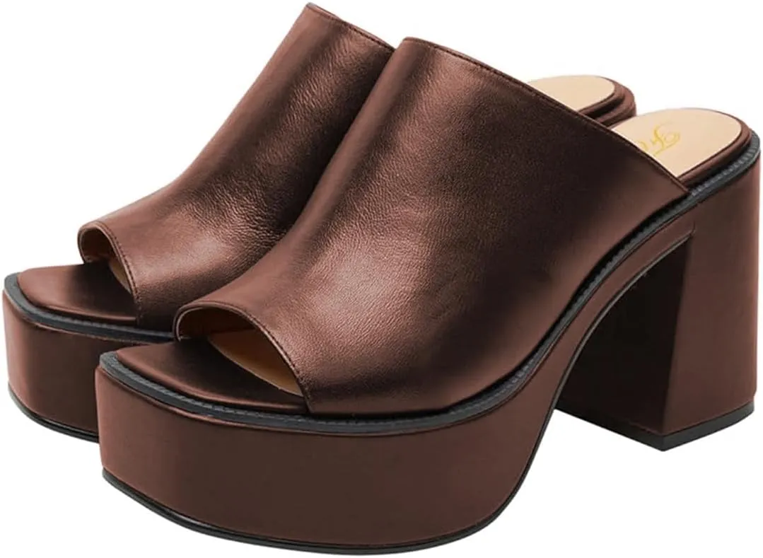 FOWT Women Open Toe Block High Heel Platform Mules Slip On Fashion Party Evening Dressy Slipper Shoes Size 4-16 US