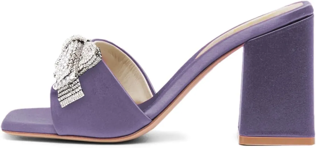 FOWT Women Stylish Rhinestone Bowknot Open Toe Mules Chunky High Heel Slip On Summer Casual Slipper Shoes Size 4-16 US
