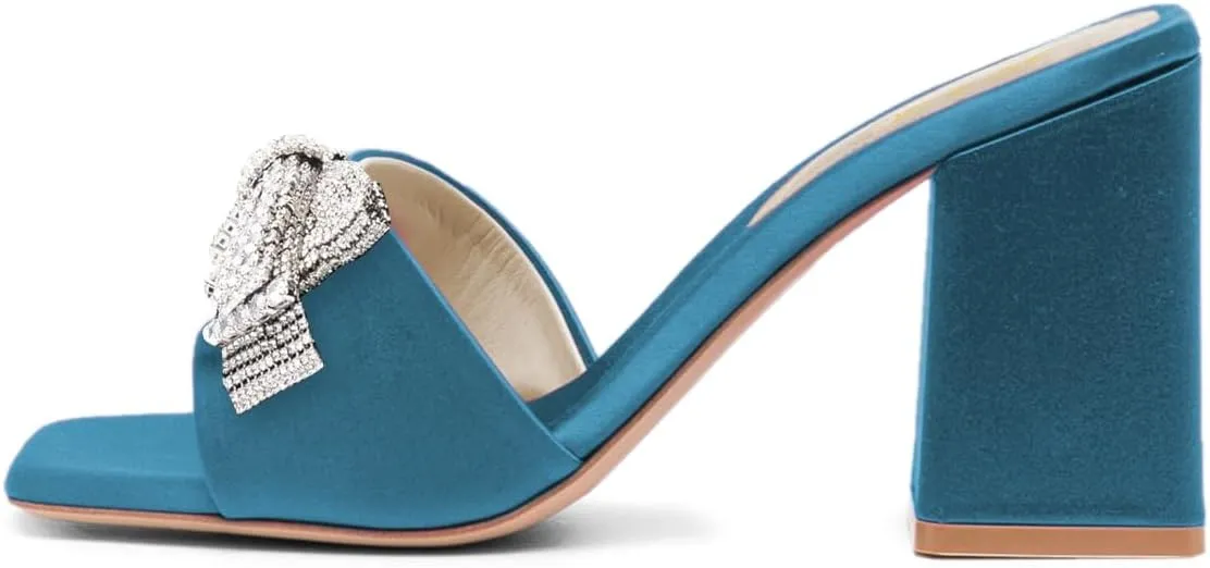FOWT Women Stylish Rhinestone Bowknot Open Toe Mules Chunky High Heel Slip On Summer Casual Slipper Shoes Size 4-16 US