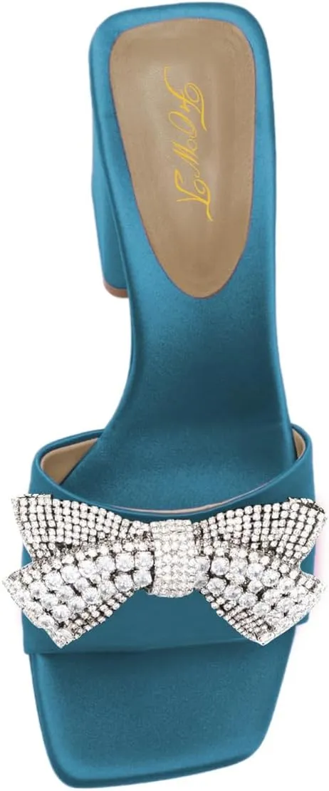 FOWT Women Stylish Rhinestone Bowknot Open Toe Mules Chunky High Heel Slip On Summer Casual Slipper Shoes Size 4-16 US