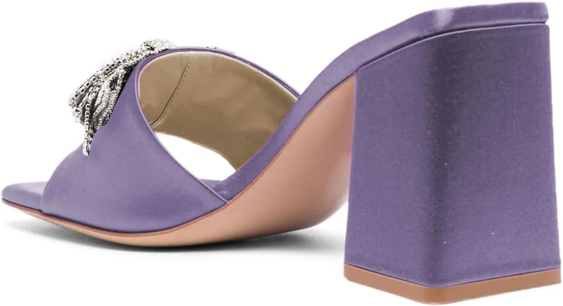 FOWT Women Stylish Rhinestone Bowknot Open Toe Mules Chunky High Heel Slip On Summer Casual Slipper Shoes Size 4-16 US