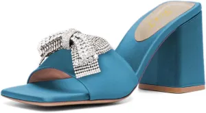 FOWT Women Stylish Rhinestone Bowknot Open Toe Mules Chunky High Heel Slip On Summer Casual Slipper Shoes Size 4-16 US