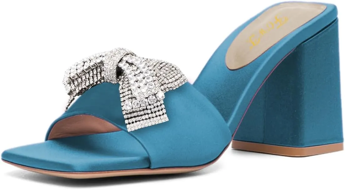 FOWT Women Stylish Rhinestone Bowknot Open Toe Mules Chunky High Heel Slip On Summer Casual Slipper Shoes Size 4-16 US