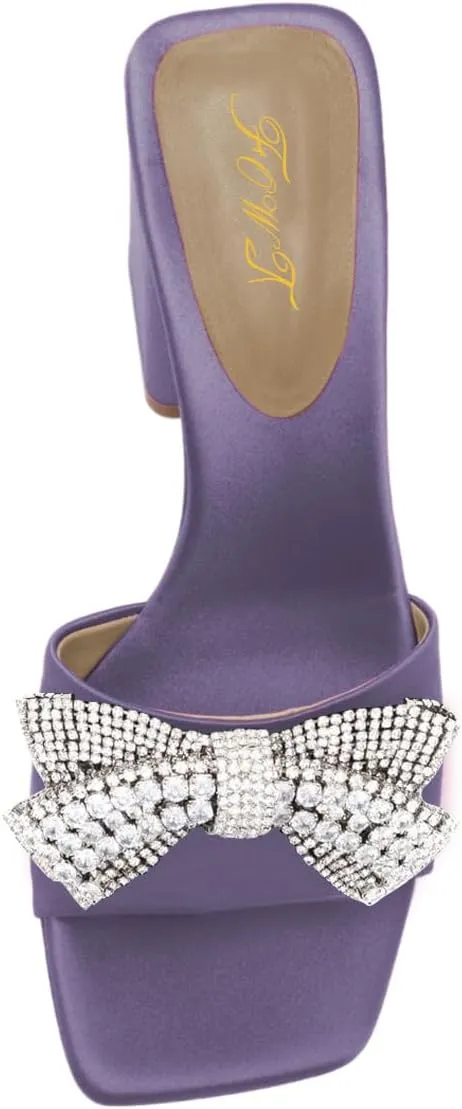FOWT Women Stylish Rhinestone Bowknot Open Toe Mules Chunky High Heel Slip On Summer Casual Slipper Shoes Size 4-16 US