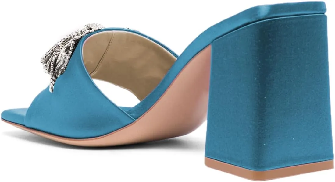 FOWT Women Stylish Rhinestone Bowknot Open Toe Mules Chunky High Heel Slip On Summer Casual Slipper Shoes Size 4-16 US