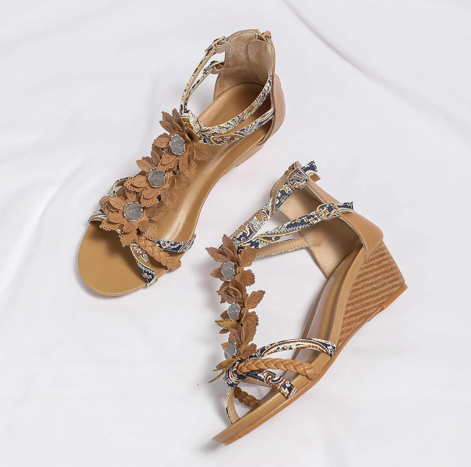 FRALOSHA Wedge Sandals for Women Ankle Strap Rhinestone Sandal Dressy Summer Heel Beach Casual Shoes