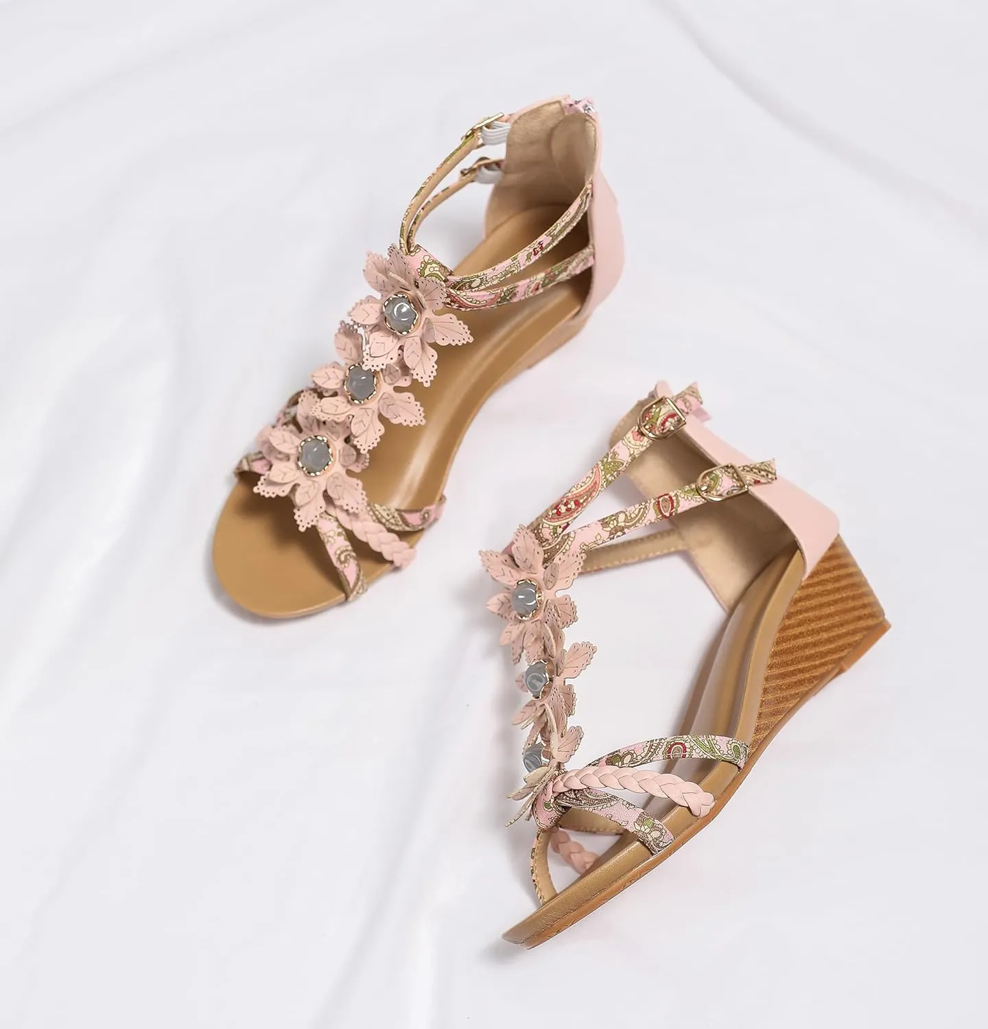 FRALOSHA Wedge Sandals for Women Ankle Strap Rhinestone Sandal Dressy Summer Heel Beach Casual Shoes