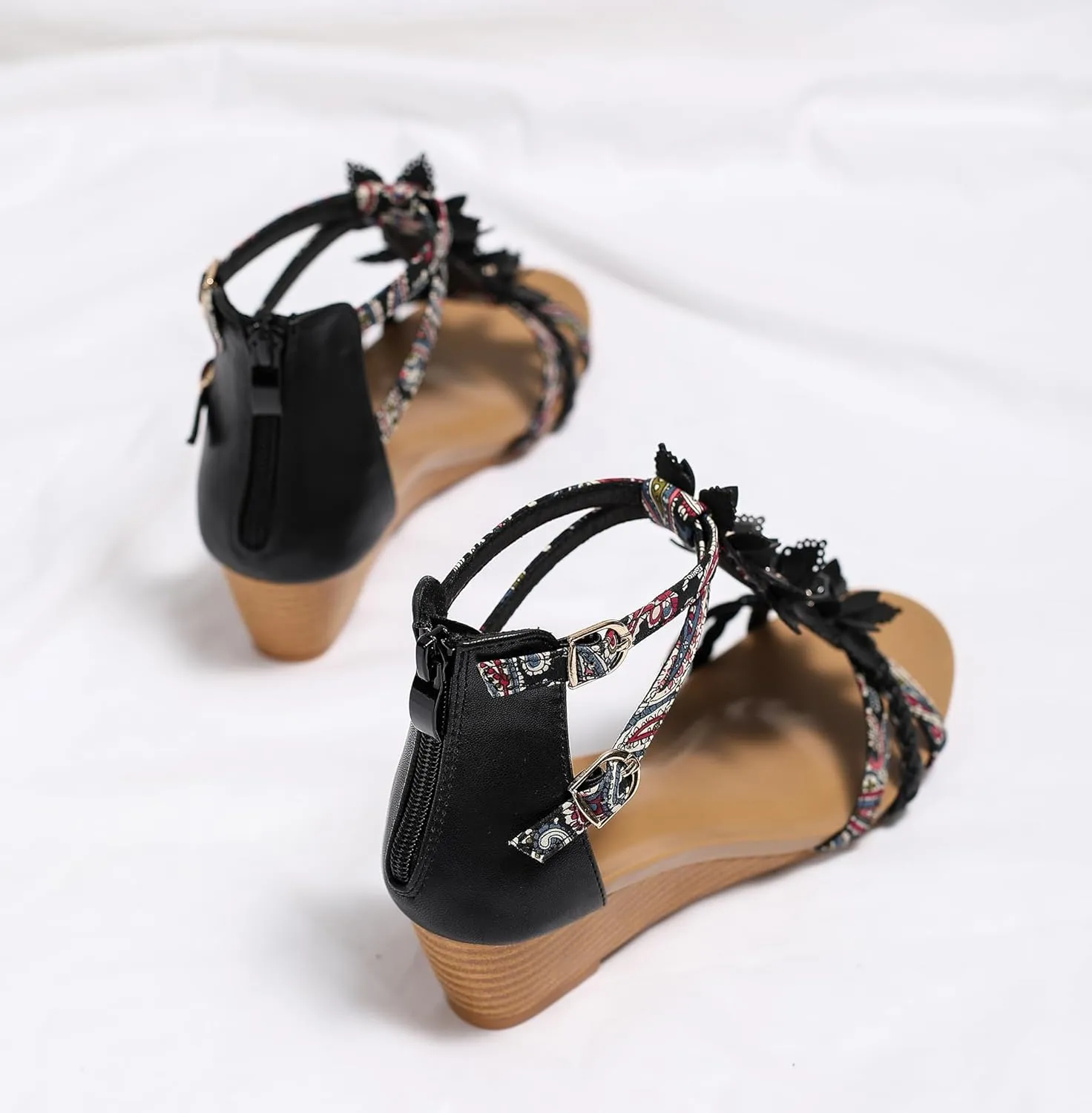 FRALOSHA Wedge Sandals for Women Ankle Strap Rhinestone Sandal Dressy Summer Heel Beach Casual Shoes