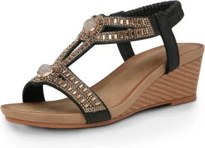 FRALOSHA Wedge Sandals for Women Dressy Summer Rhinestone Glitter Open Toe Casual wedge heels Sandal Comfy Cute Beach Shoes