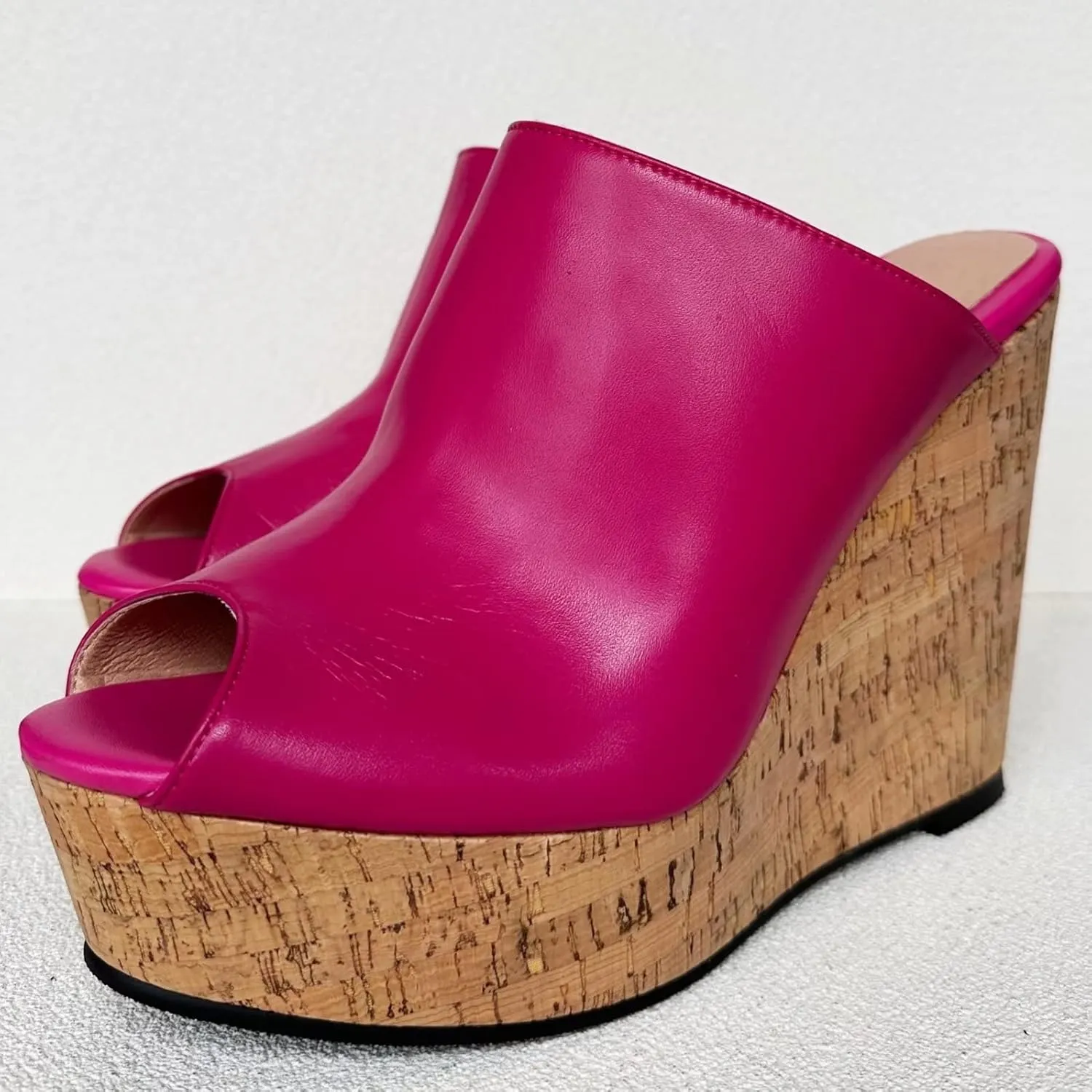 Frankie Hsu Sexy Slip On Platform Wedge Sandal, Stylish Pink High heeled Oak Wood Thick Sandal, Fashion Large Big Size US4-19 Unisex Wide Strap Heeled Shoes For Women Men