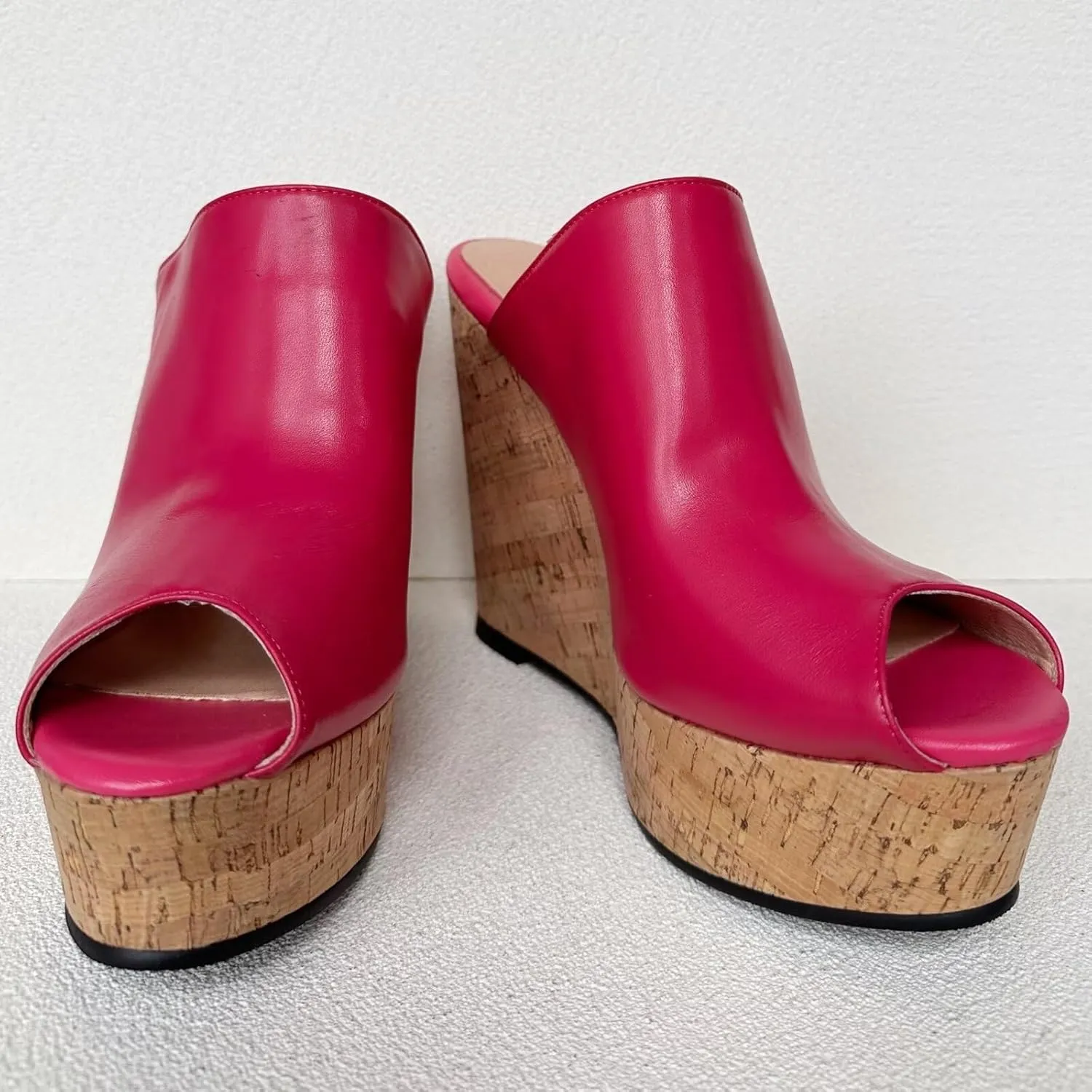 Frankie Hsu Sexy Slip On Platform Wedge Sandal, Stylish Pink High heeled Oak Wood Thick Sandal, Fashion Large Big Size US4-19 Unisex Wide Strap Heeled Shoes For Women Men