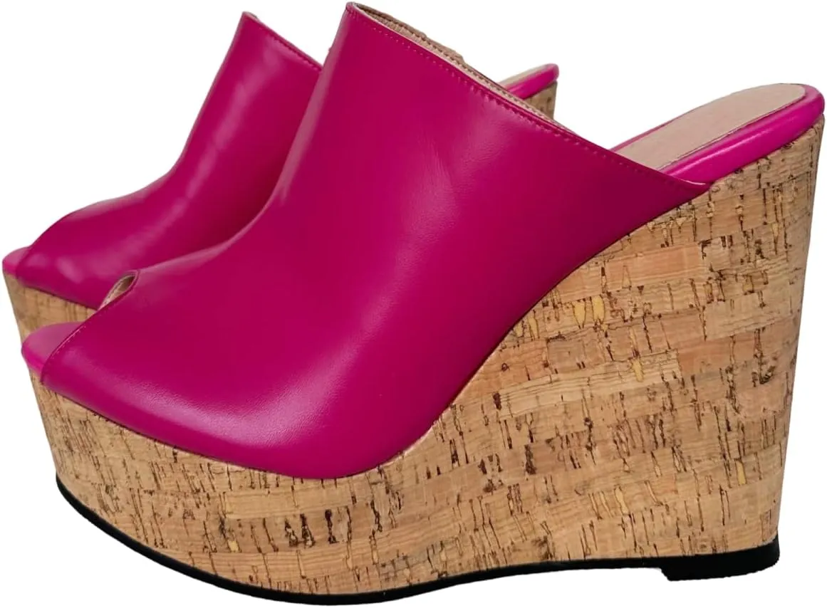 Frankie Hsu Sexy Slip On Platform Wedge Sandal, Stylish Pink High heeled Oak Wood Thick Sandal, Fashion Large Big Size US4-19 Unisex Wide Strap Heeled Shoes For Women Men