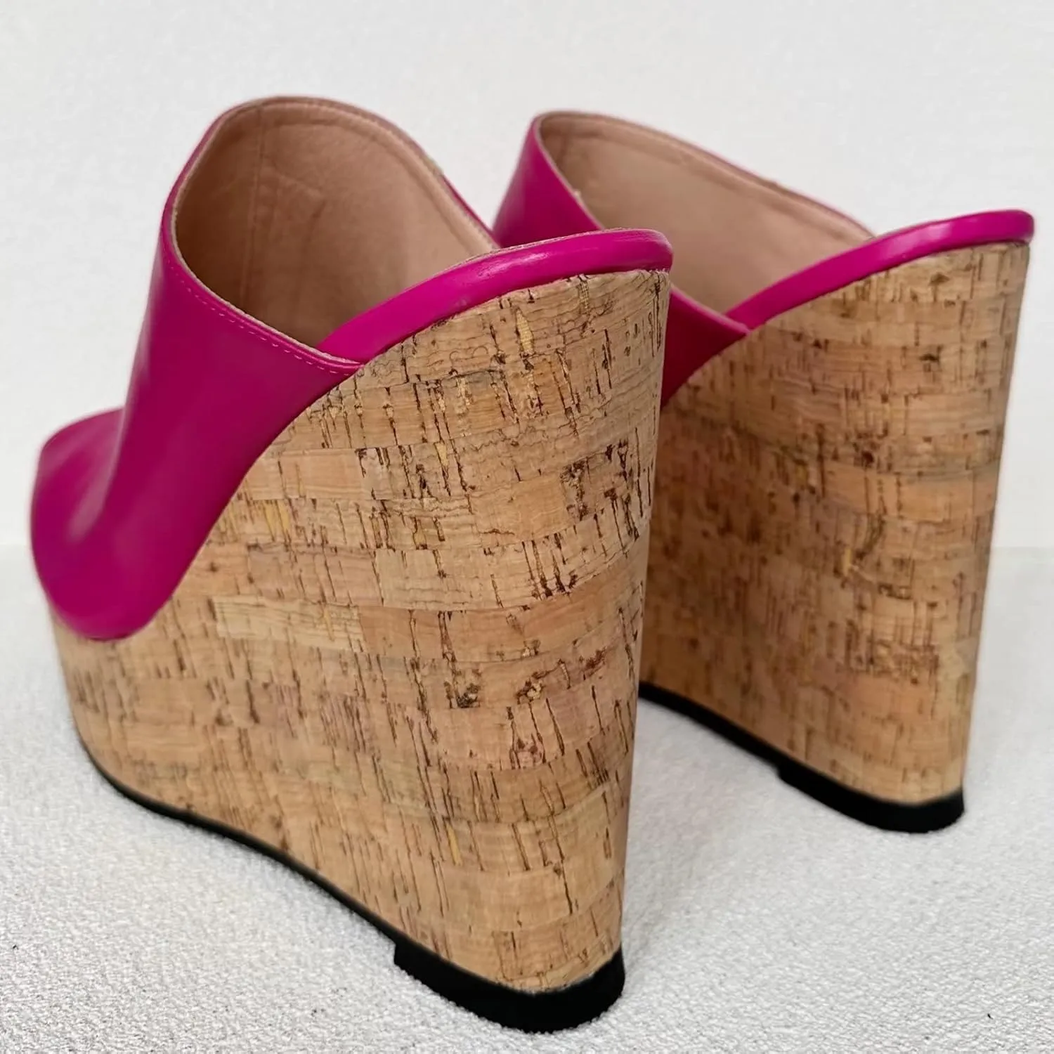 Frankie Hsu Sexy Slip On Platform Wedge Sandal, Stylish Pink High heeled Oak Wood Thick Sandal, Fashion Large Big Size US4-19 Unisex Wide Strap Heeled Shoes For Women Men