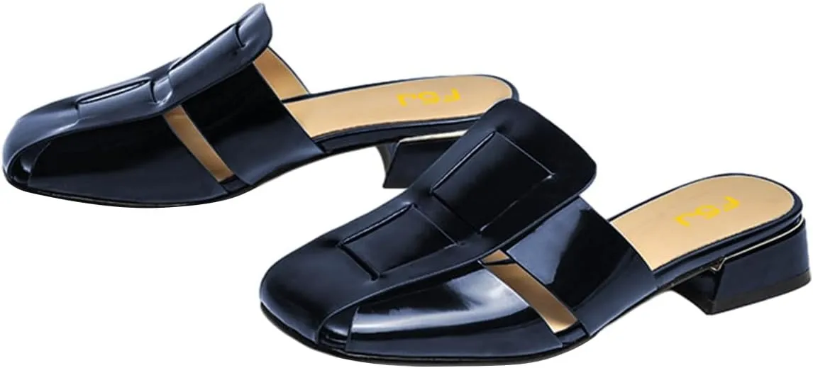 FSJ Women Closed Square Toe Block Low Heel Slide Sandals Slip On Woven Cage Backless Mules Casual Outdoor Shoes Size 4-15 US