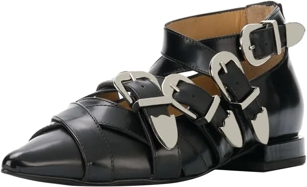 FSJ Women Pointed Toe Metal Buckle Design Flats Low Heel Loafers Strappy Criss Cross Lace-up Sweet Cool Trendy Pumps Shoes Size 4-16 US