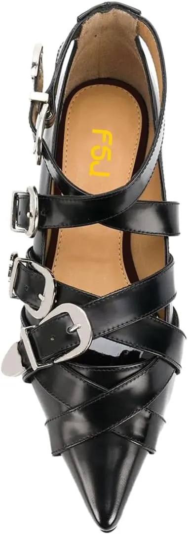 FSJ Women Pointed Toe Metal Buckle Design Flats Low Heel Loafers Strappy Criss Cross Lace-up Sweet Cool Trendy Pumps Shoes Size 4-16 US