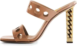 FSJ Women Sexy Cutout Two Straps Open Toe Gold Metal Chunky High Heel Mules Slip On Summer Party Dress Shoes Size 4-15 US