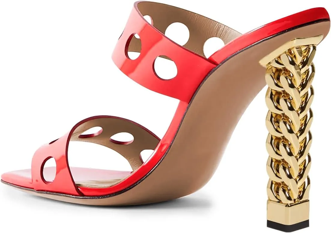 FSJ Women Sexy Cutout Two Straps Open Toe Gold Metal Chunky High Heel Mules Slip On Summer Party Dress Shoes Size 4-15 US