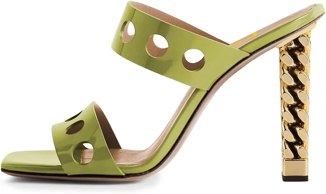 FSJ Women Sexy Cutout Two Straps Open Toe Gold Metal Chunky High Heel Mules Slip On Summer Party Dress Shoes Size 4-15 US