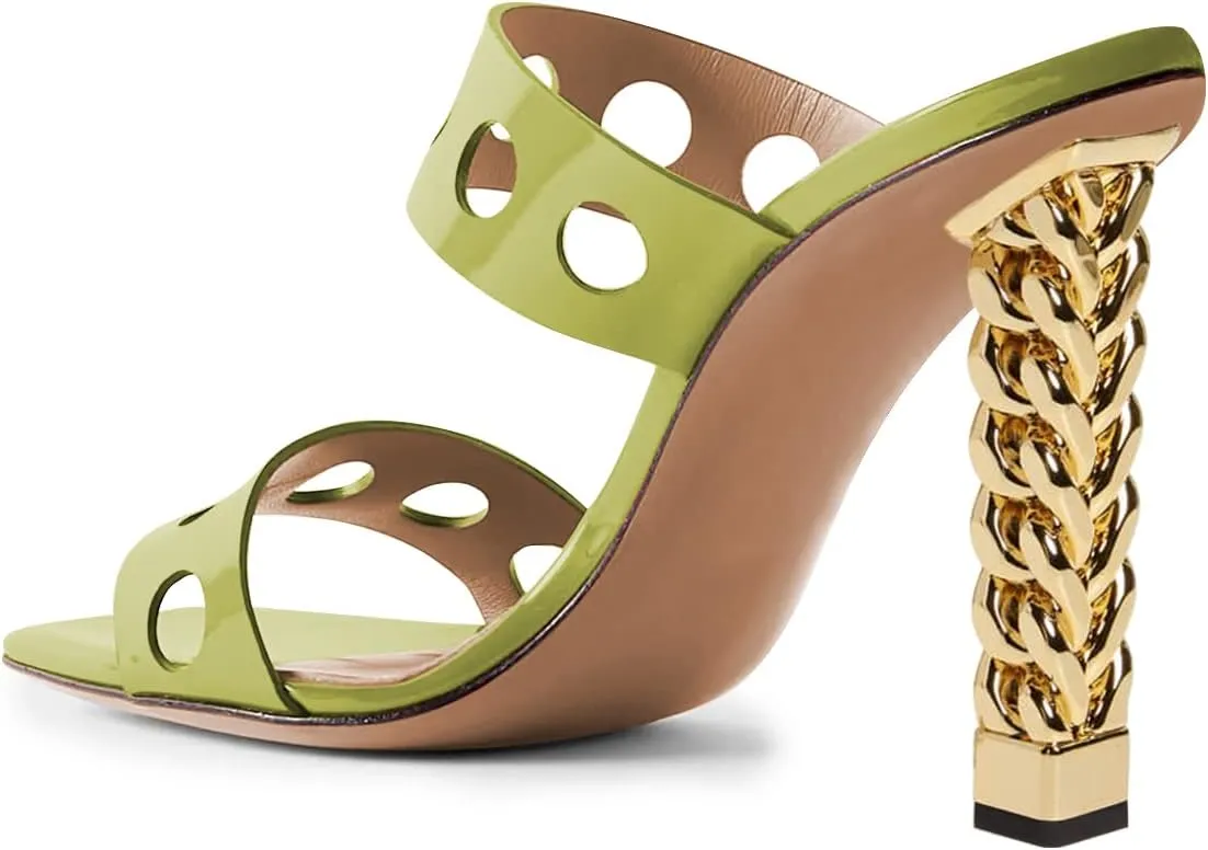 FSJ Women Sexy Cutout Two Straps Open Toe Gold Metal Chunky High Heel Mules Slip On Summer Party Dress Shoes Size 4-15 US