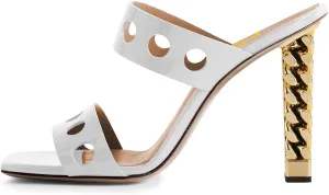 FSJ Women Sexy Cutout Two Straps Open Toe Gold Metal Chunky High Heel Mules Slip On Summer Party Dress Shoes Size 4-15 US