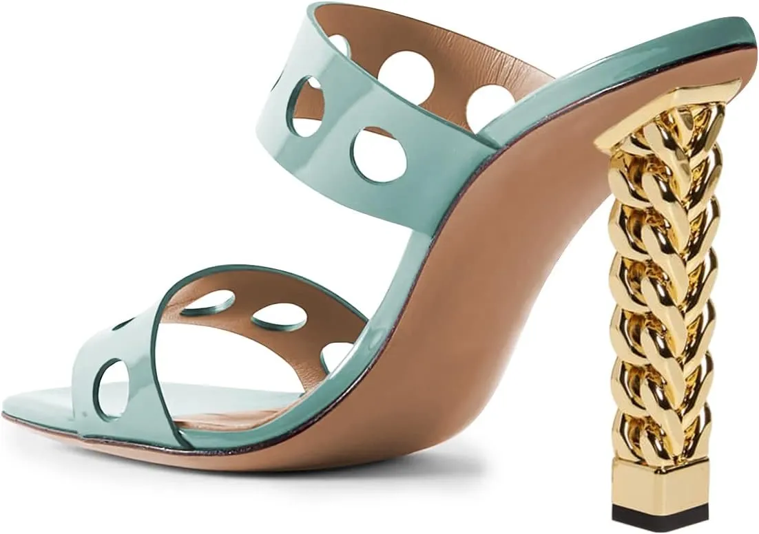 FSJ Women Sexy Cutout Two Straps Open Toe Gold Metal Chunky High Heel Mules Slip On Summer Party Dress Shoes Size 4-15 US