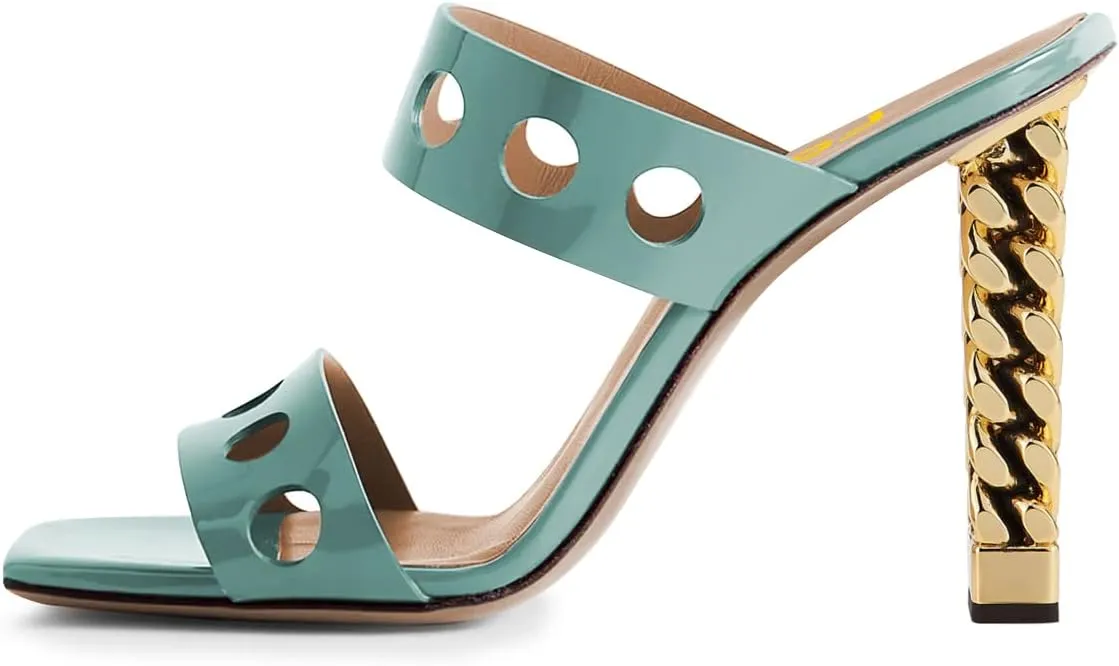 FSJ Women Sexy Cutout Two Straps Open Toe Gold Metal Chunky High Heel Mules Slip On Summer Party Dress Shoes Size 4-15 US