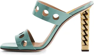 FSJ Women Sexy Cutout Two Straps Open Toe Gold Metal Chunky High Heel Mules Slip On Summer Party Dress Shoes Size 4-15 US