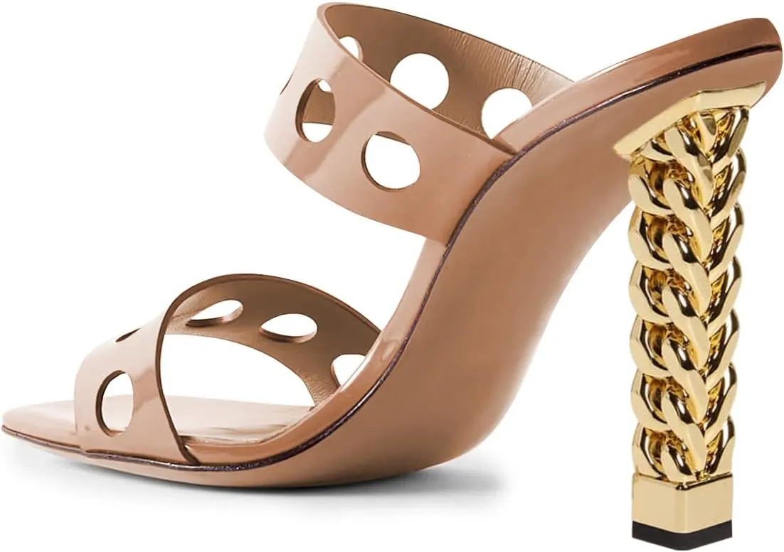FSJ Women Sexy Cutout Two Straps Open Toe Gold Metal Chunky High Heel Mules Slip On Summer Party Dress Shoes Size 4-15 US
