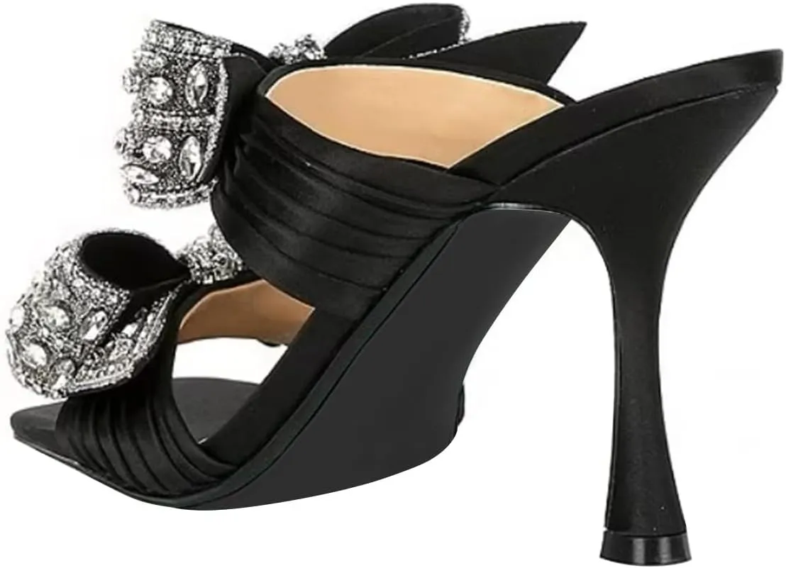 FSJ Women Sexy Two Bows Open Toe Mules Stiletto High Heel Slip On Party Evening Prom Dress Slides Sandals Shoes Size 4-15 US