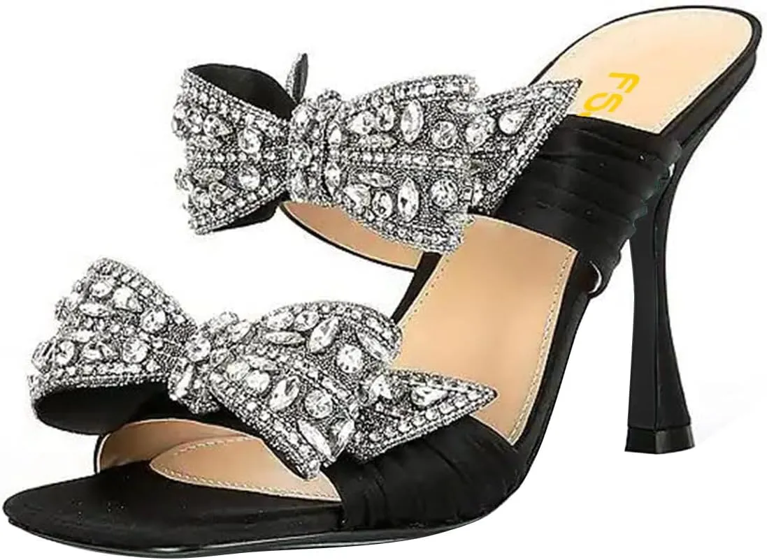 FSJ Women Sexy Two Bows Open Toe Mules Stiletto High Heel Slip On Party Evening Prom Dress Slides Sandals Shoes Size 4-15 US