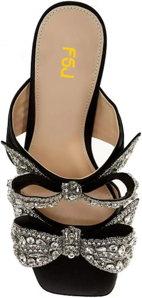 FSJ Women Sexy Two Bows Open Toe Mules Stiletto High Heel Slip On Party Evening Prom Dress Slides Sandals Shoes Size 4-15 US