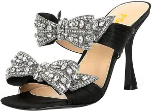 FSJ Women Sexy Two Bows Open Toe Mules Stiletto High Heel Slip On Party Evening Prom Dress Slides Sandals Shoes Size 4-15 US